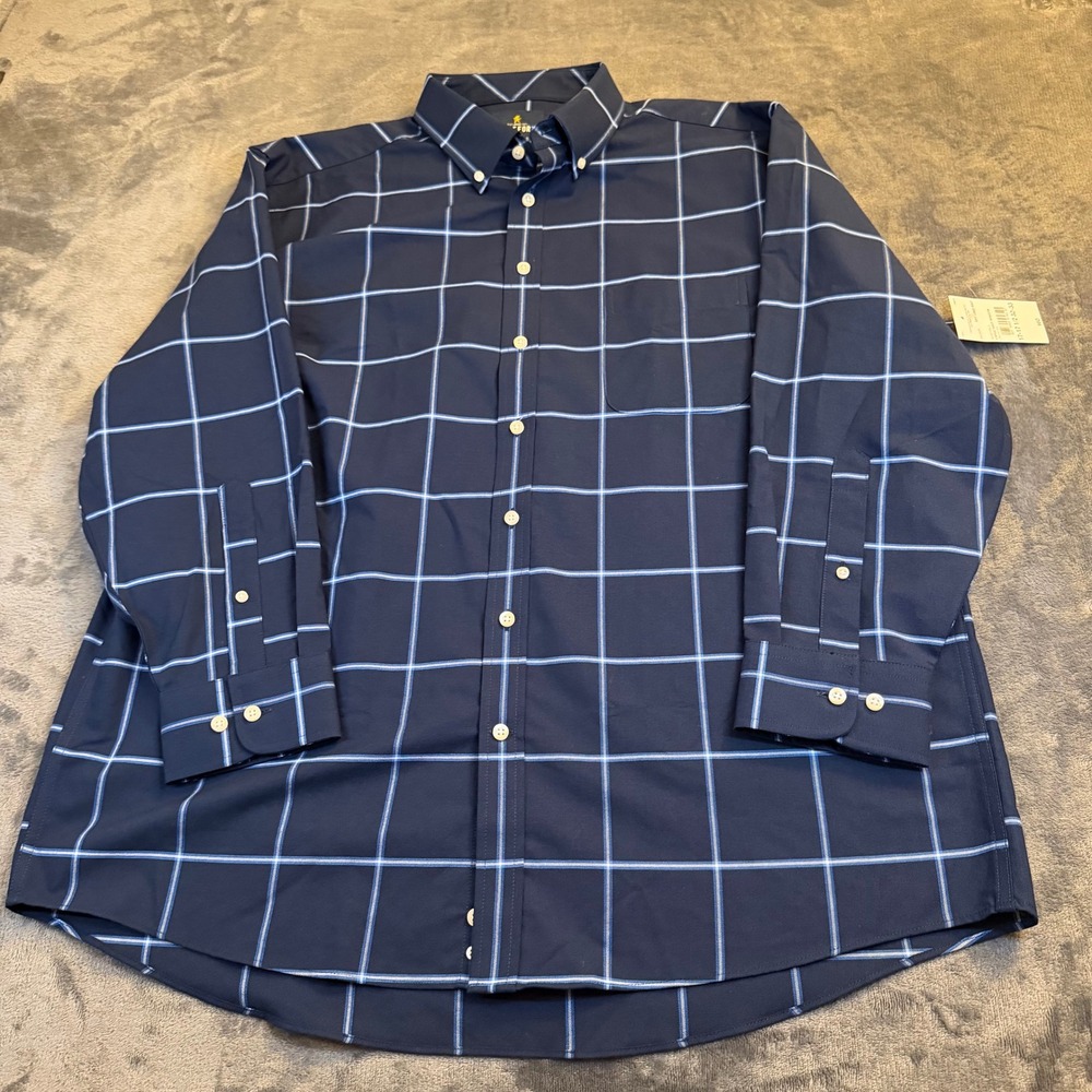Stafford Windowpane Plaid Button Down Shirt Coolmax Blue Mens 17-17.5 32/33 NWT